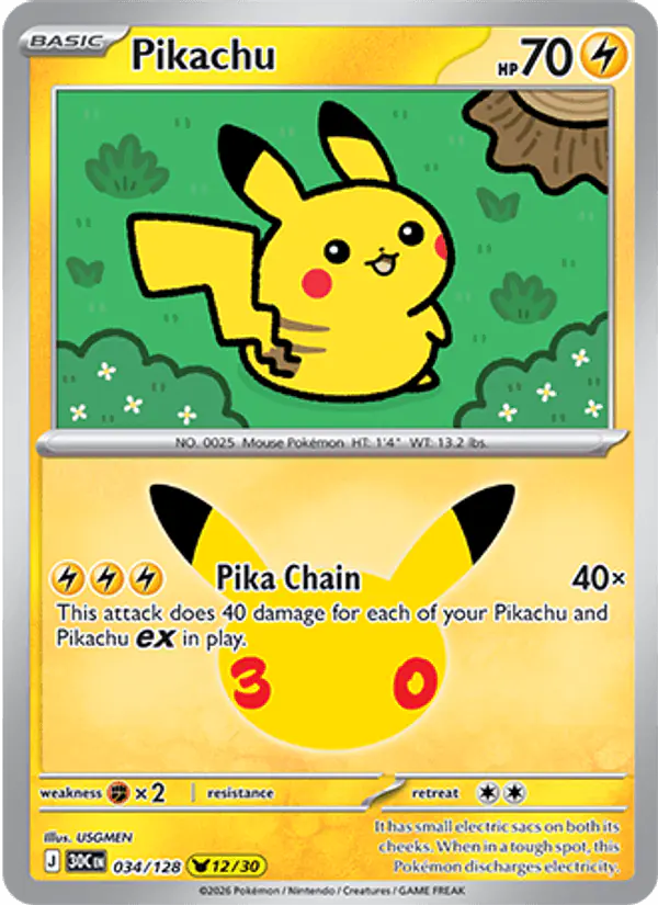 Carta Pikachu 034/128 de 30th Celebration