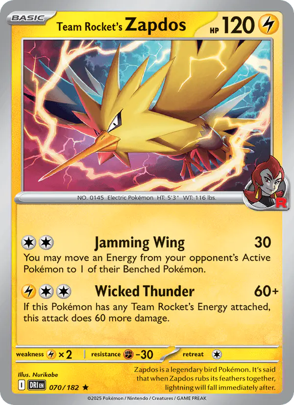 Carta Team Rocket's Zapdos 070/182 de Destined Rivals
